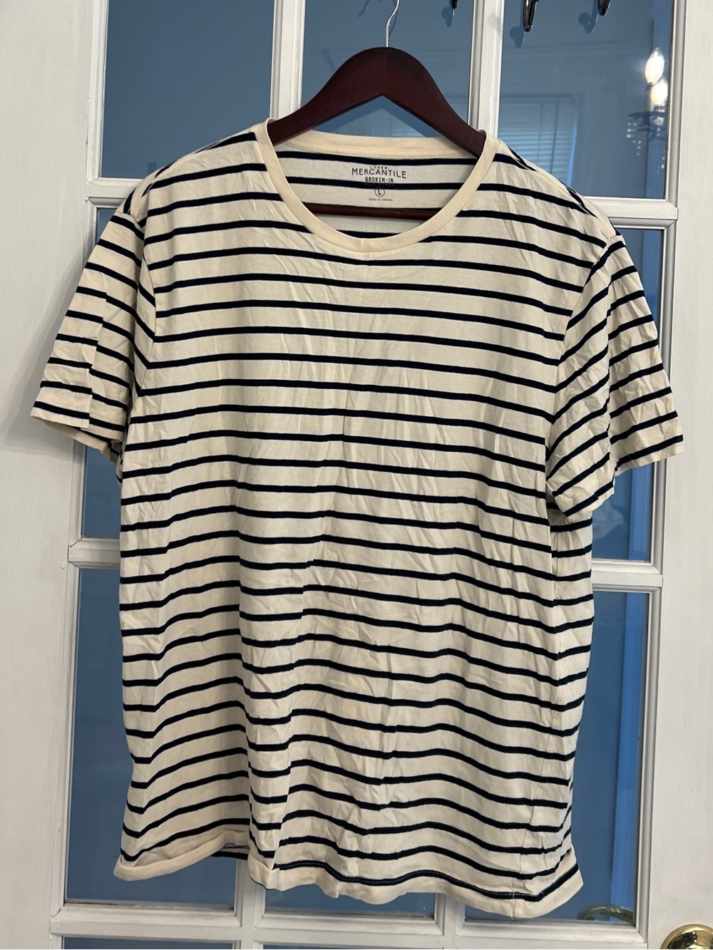 J. CREW Men’s Broken-In Deck Stripe T Shirt Navy Ivory Cotton Coastal Preppy L